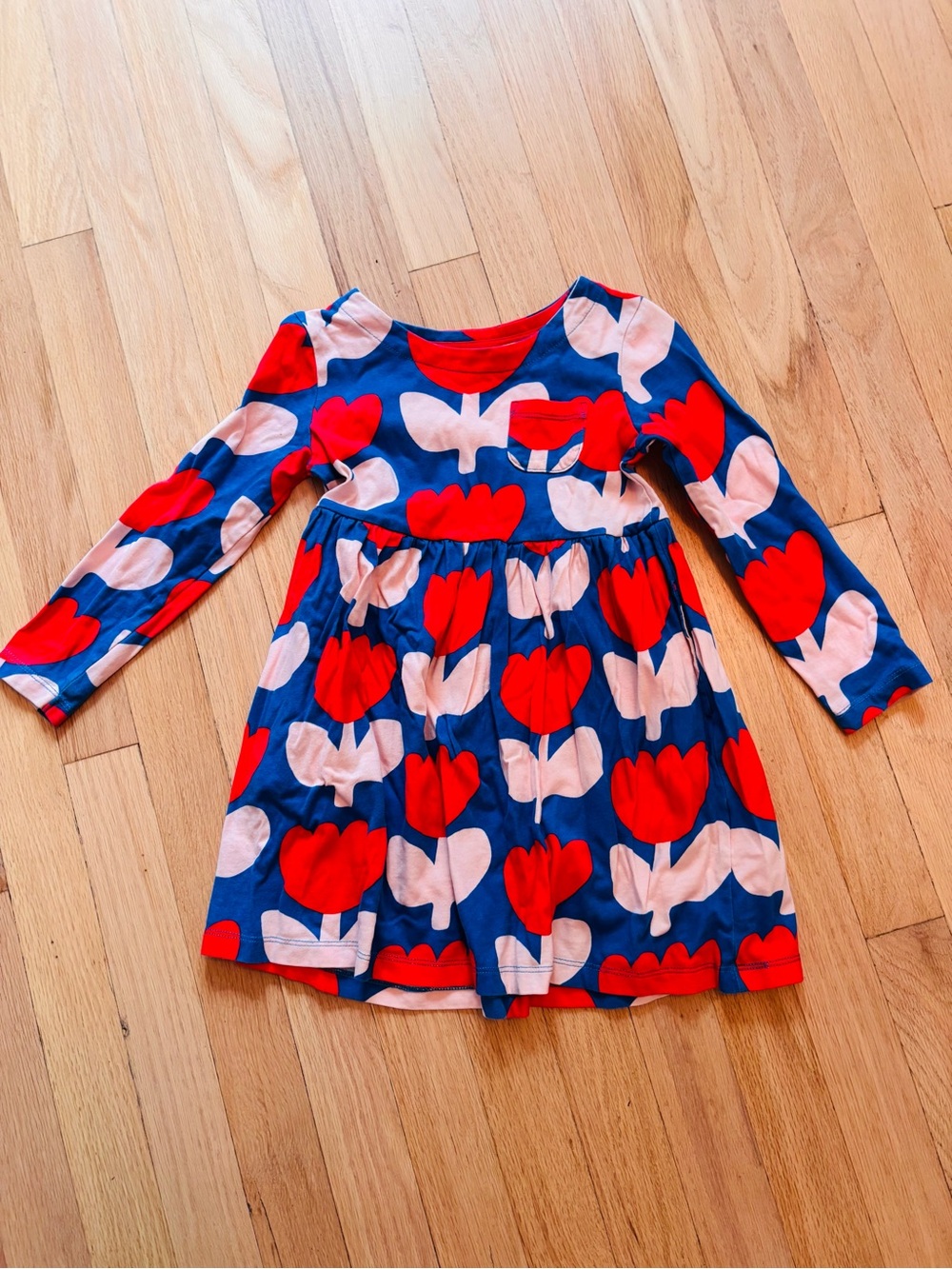 Mini Boden Girls Blue Long-Sleeve Dress with Red and Pink Heart Print 4-5Y
